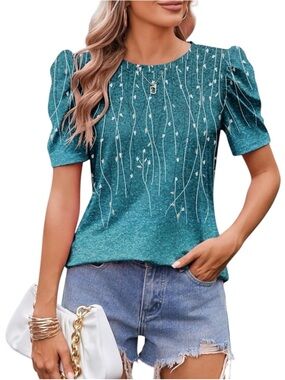 T&Twenties Puff Sleeve Tee Ombre Teal Leaves NWT
